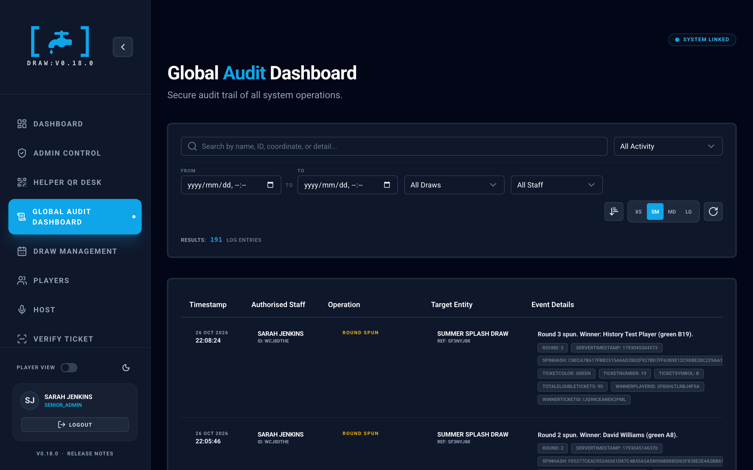 The Tapp [Draw] audit ledger on a laptop, its rows filled in — every action on the draw on the record
