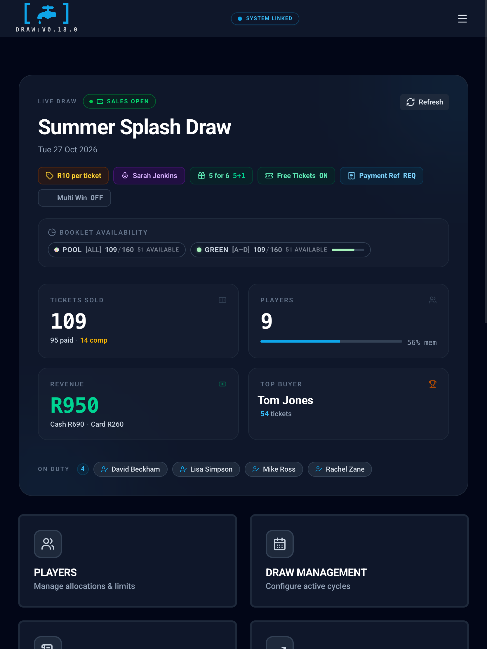 The Tapp [Draw] admin dashboard on a tablet, the live draw at a glance
