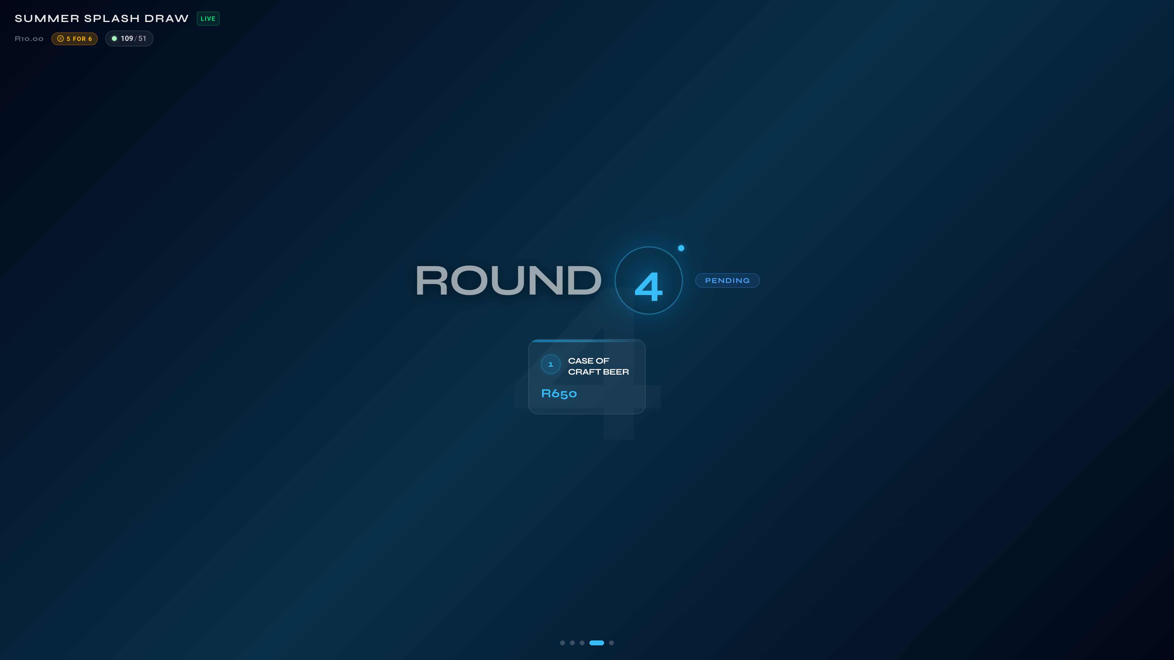 The Tapp [Draw] big venue screen waiting on another round to spin: its prizes listed, the round still pending