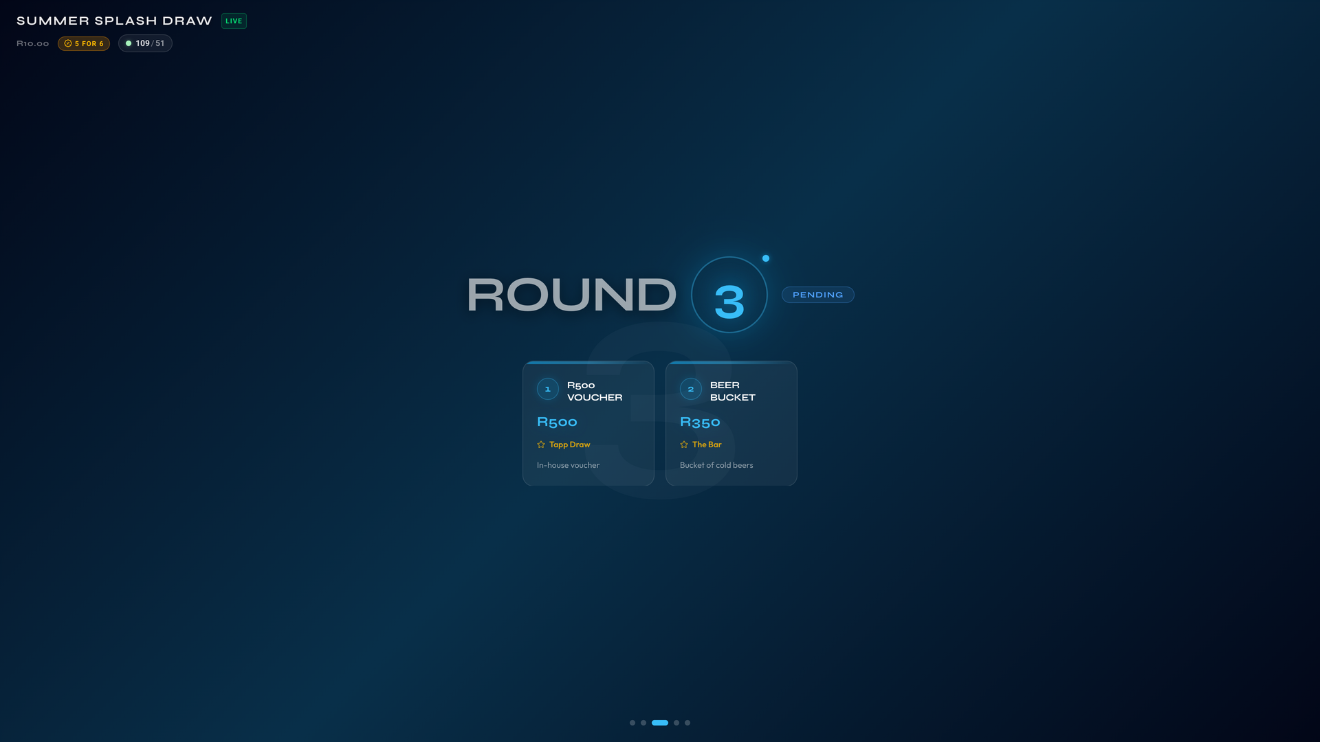 The Tapp [Draw] big venue screen with a round not yet spun: the round's prizes listed, the state pending, the winner still unknown