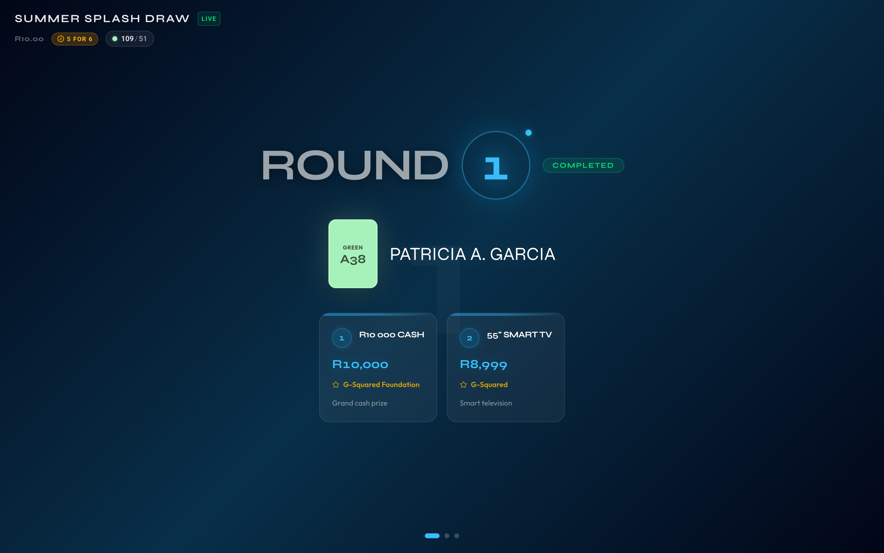 The Tapp [Draw] big venue screen on a completed round: the winner's name and cash prize beside the running prize list