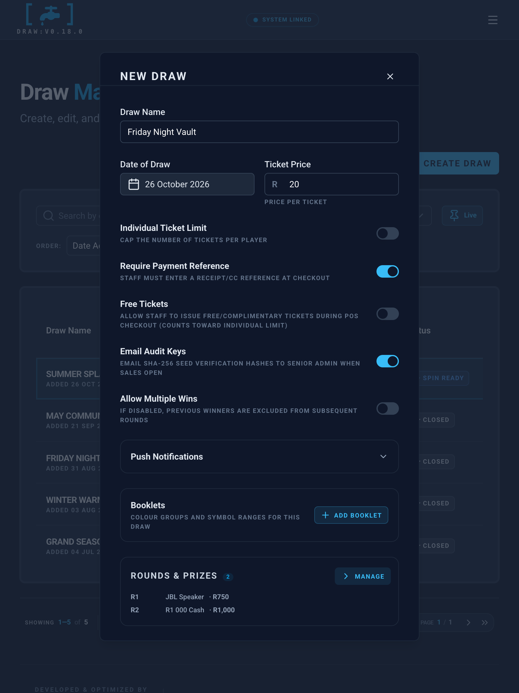 The Tapp [Draw] create-draw screen on a tablet: a new night mid-setup — name and ticket price entered, two rounds with their prize values configured, Add Round and drag-to-reorder on screen