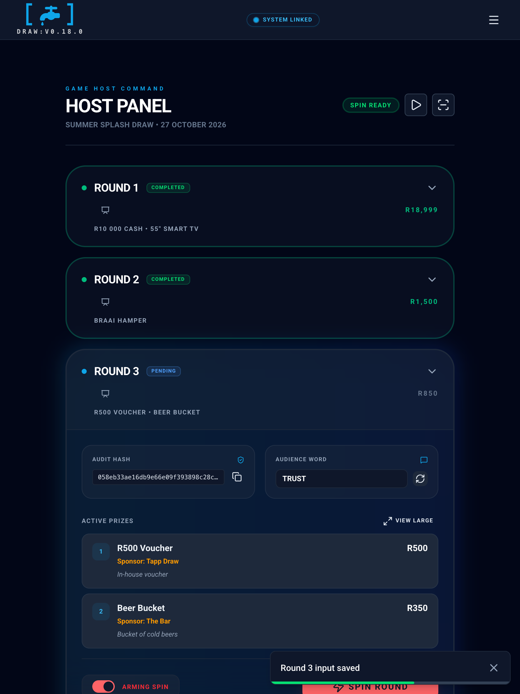 The Tapp [Draw] host console on a tablet at the spin moment: ARMING the draw, the host about to unlock the spin