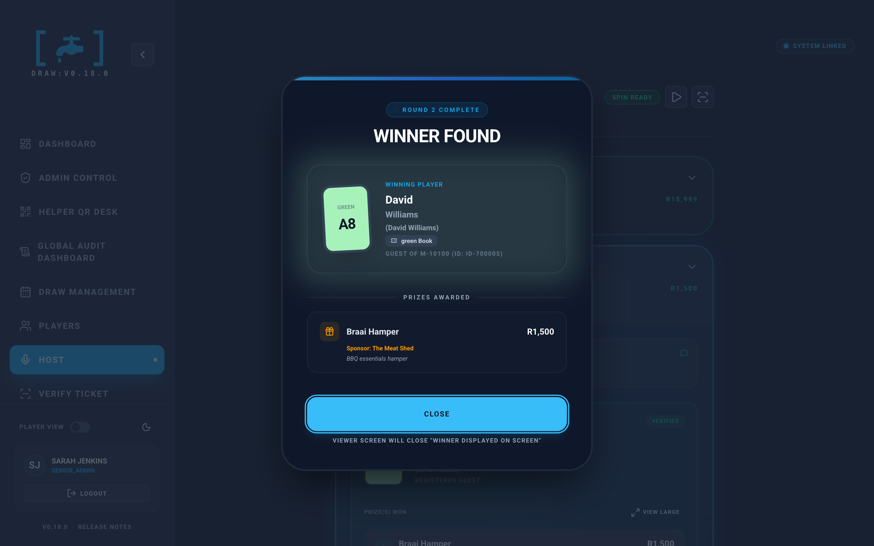 The Tapp [Draw] host console announcing the winner — the moment the seal comes off