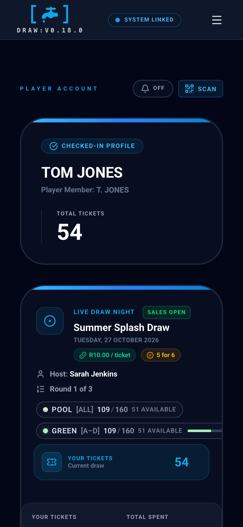 The Tapp [Draw] player dashboard on a phone — the stand-in for the winner toast + push notification capture
