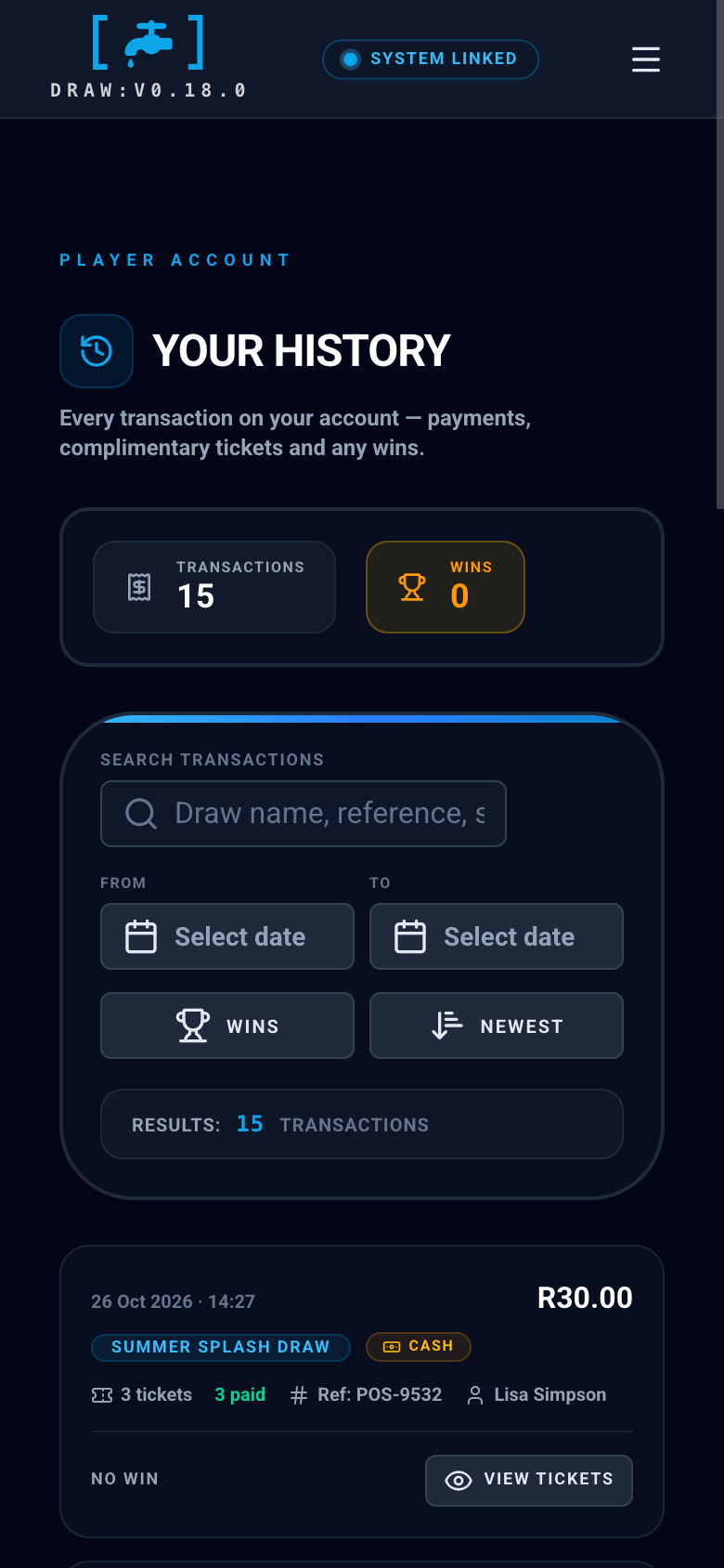 The Tapp [Draw] player history on a phone, the rounds that player has already played and won