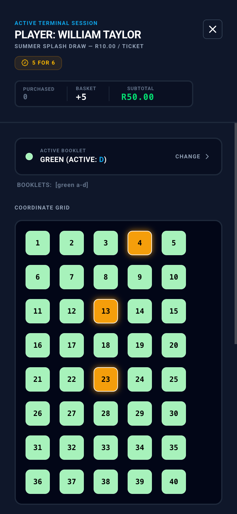 The Tapp [Draw] point-of-sale drawer open on a phone, the booklet grid of tickets ready to be tapped
