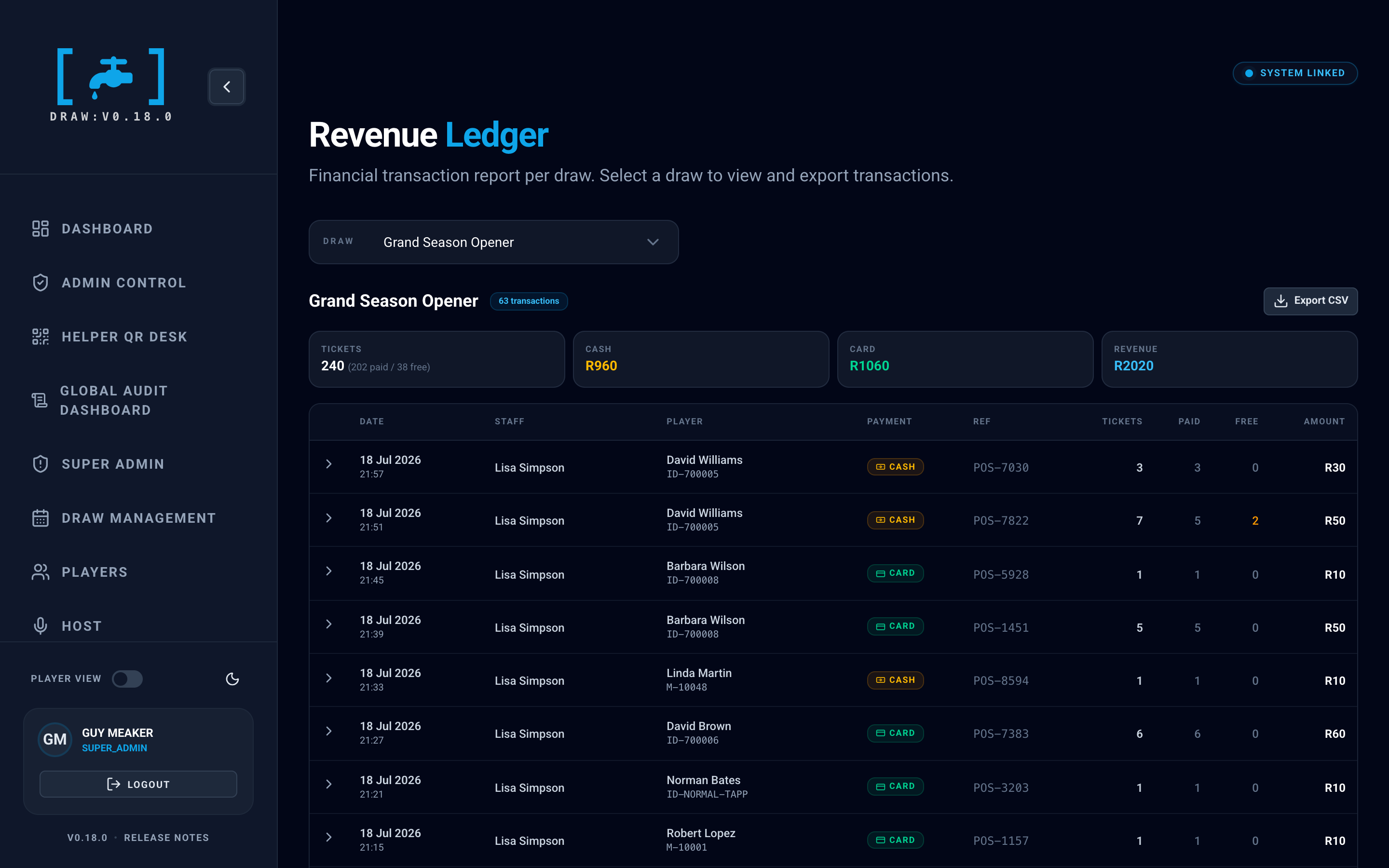 The Tapp [Draw] revenue ledger on a laptop: a draw selected, its transactions listed with cash and card totals