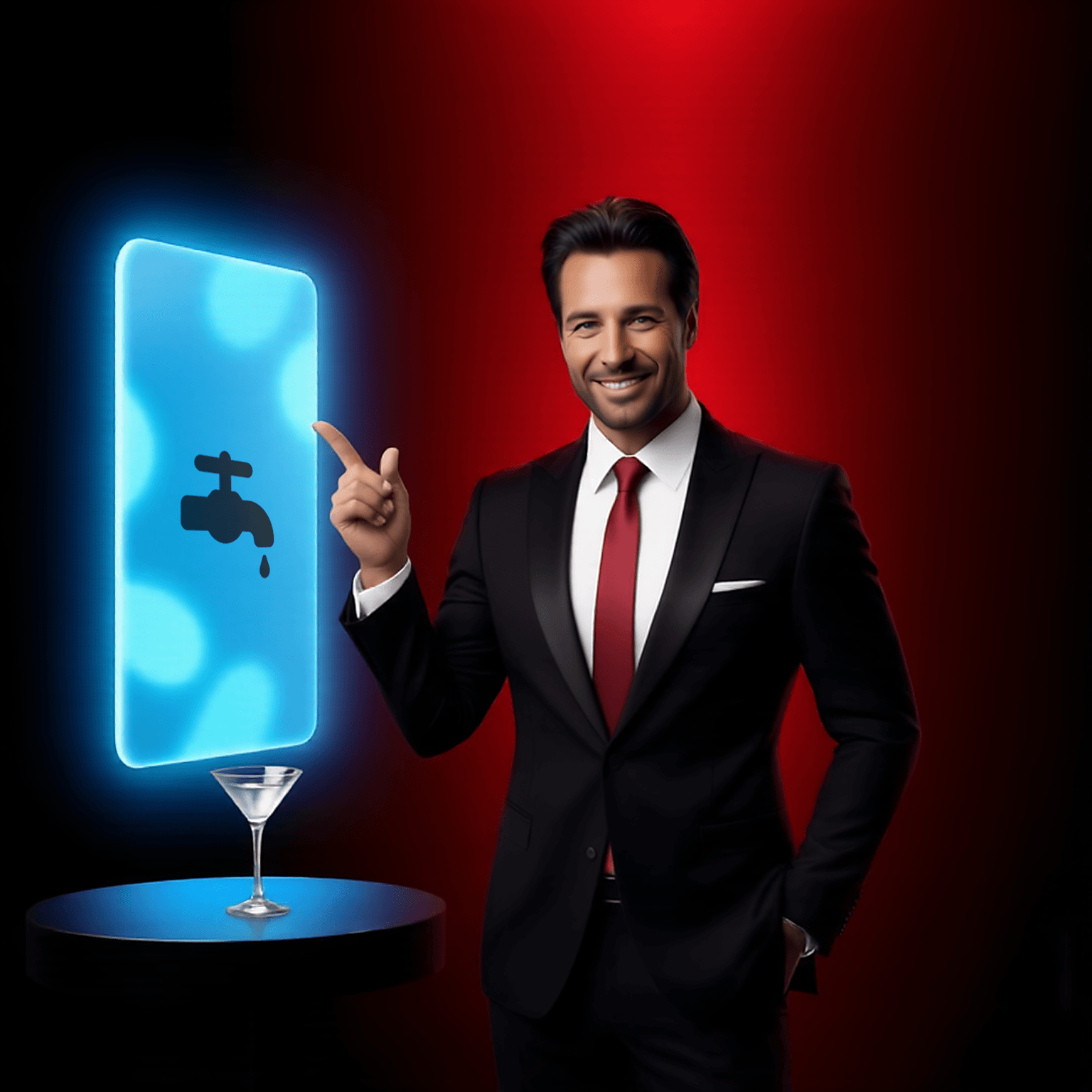 Deep red and black gradient with a martini glass beside a glowing blue-glass PWA interface, Mike looking confident and pointing down at the CTA