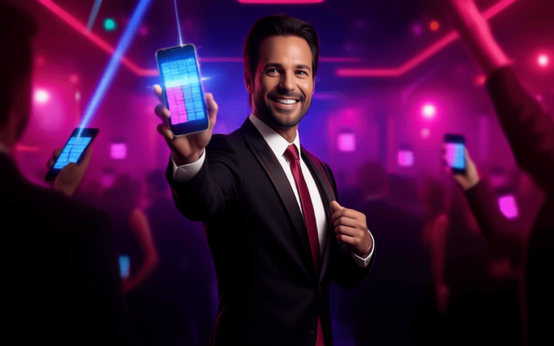 Moody club scene with floating phones showing a pink and blue ticket grid, Mike pointing his phone at a player device with a glowing QR handshake line
