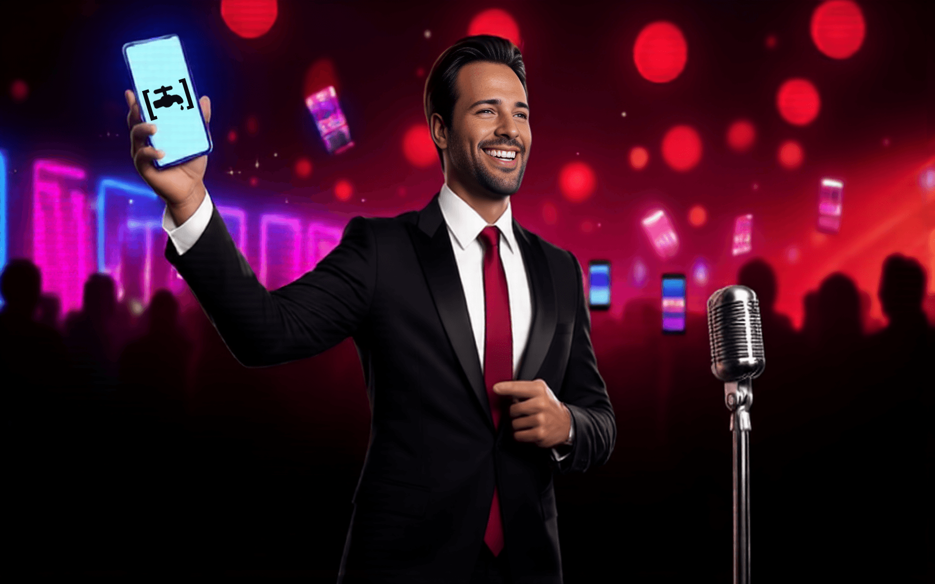 Mike in a suit holding a massive glowing phone that shows the blue-glass Tapp [Draw] UI, deep black with red bokeh and a mirror ball
