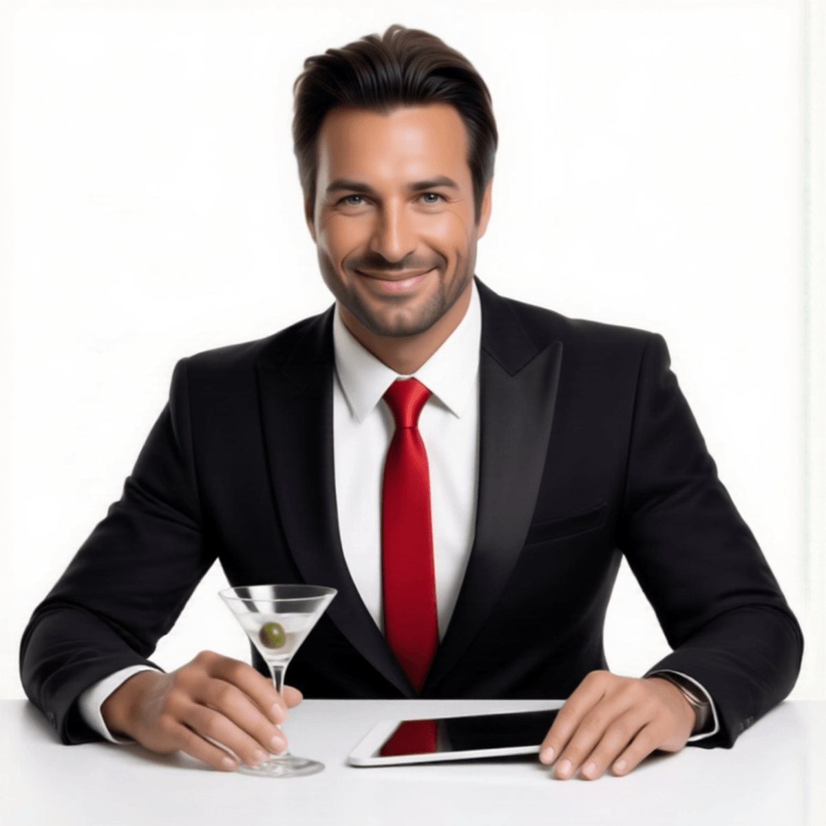 Mike calm in his suit, sipping a martini with an iPad showing the blue-glass Tapp [Draw] app resting beside him
