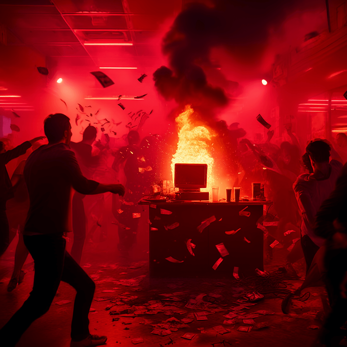 Paper pandemonium: ripped raffle tickets, torn stubs and stressed club staff scrabbling across a desk on a stark red background