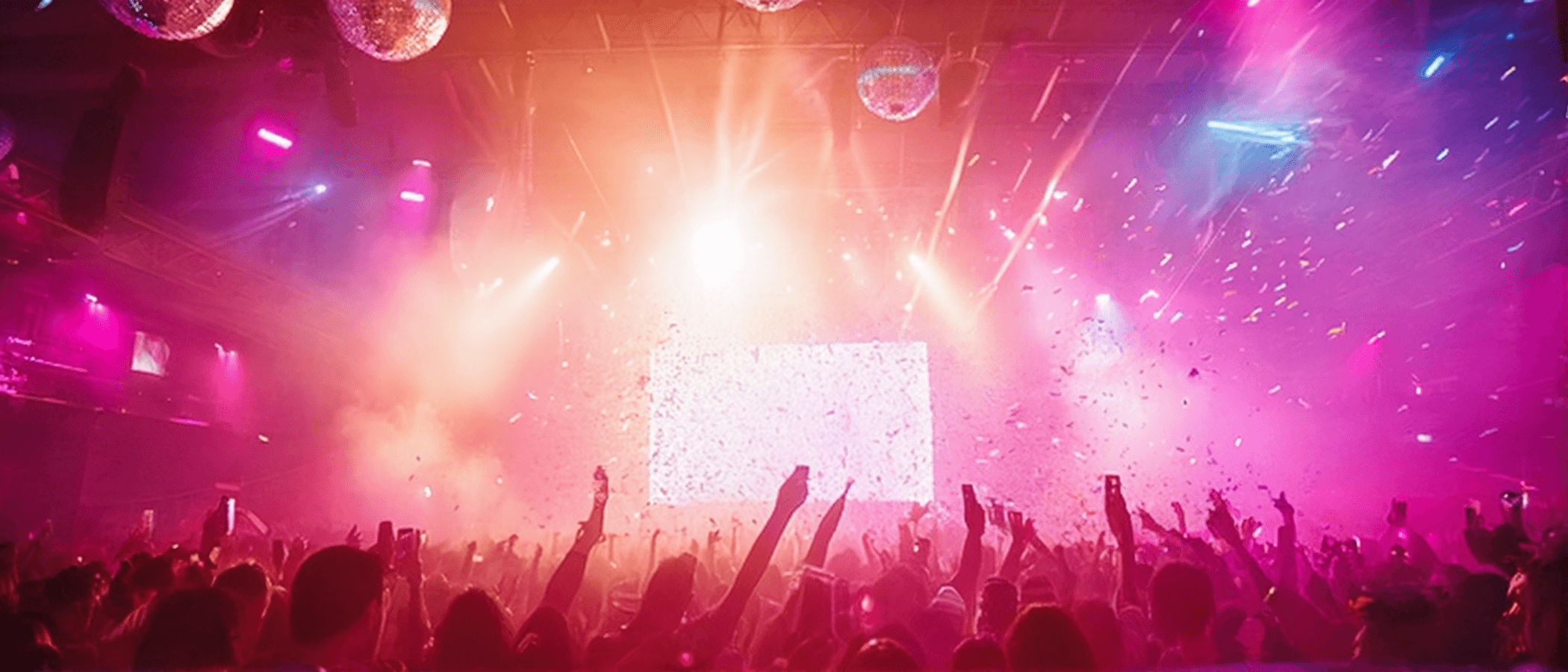 Cinematic wide shot of a huge projector screen showing slot-machine reels, mirror balls casting light, digital confetti and Mike in the foreground with arms wide
